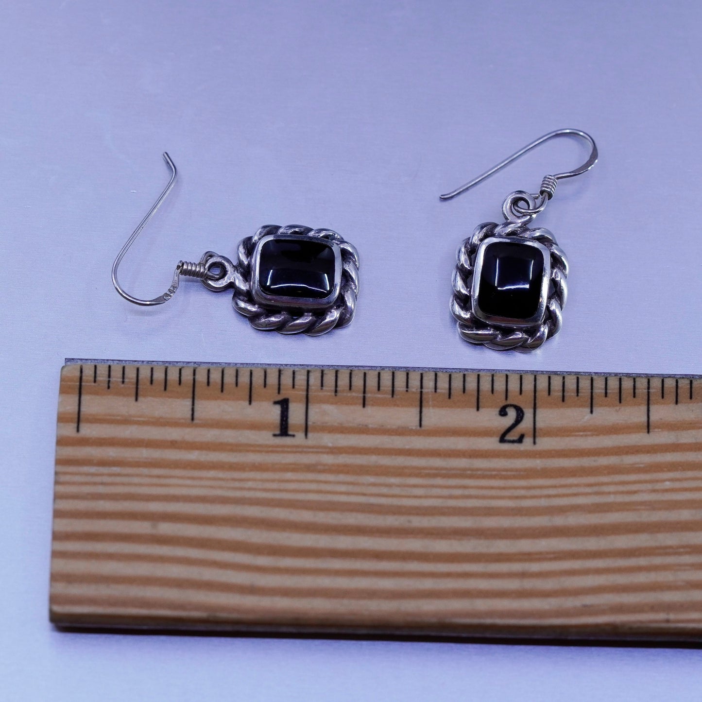 Vintage Sterling 925 silver handmade earrings with black onyx and cable around