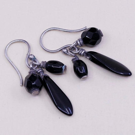 Vintage Sterling 925 silver handmade earrings with teardrop obsidian drops