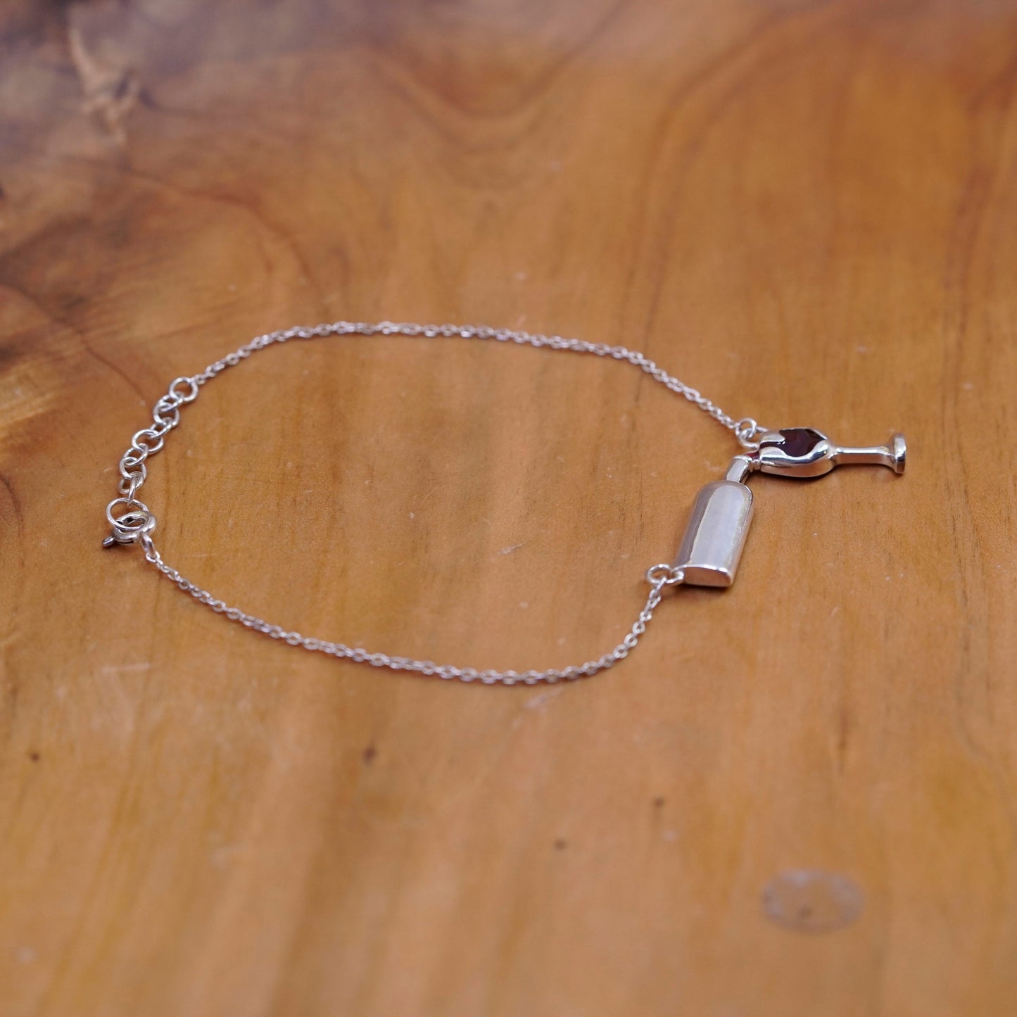 8”, sterling 925 silver handmade bracelet, circle chain with wine glass bottle
