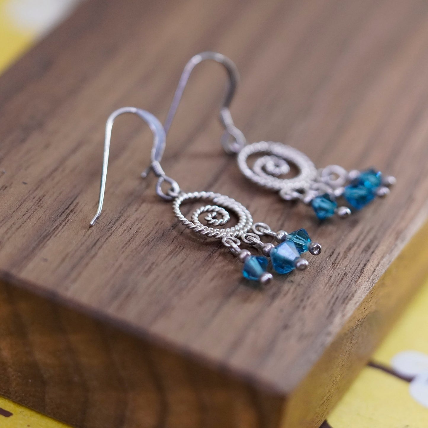 Vintage Sterling silver Handmade earrings, swirly dangle w/ blue crystal drops