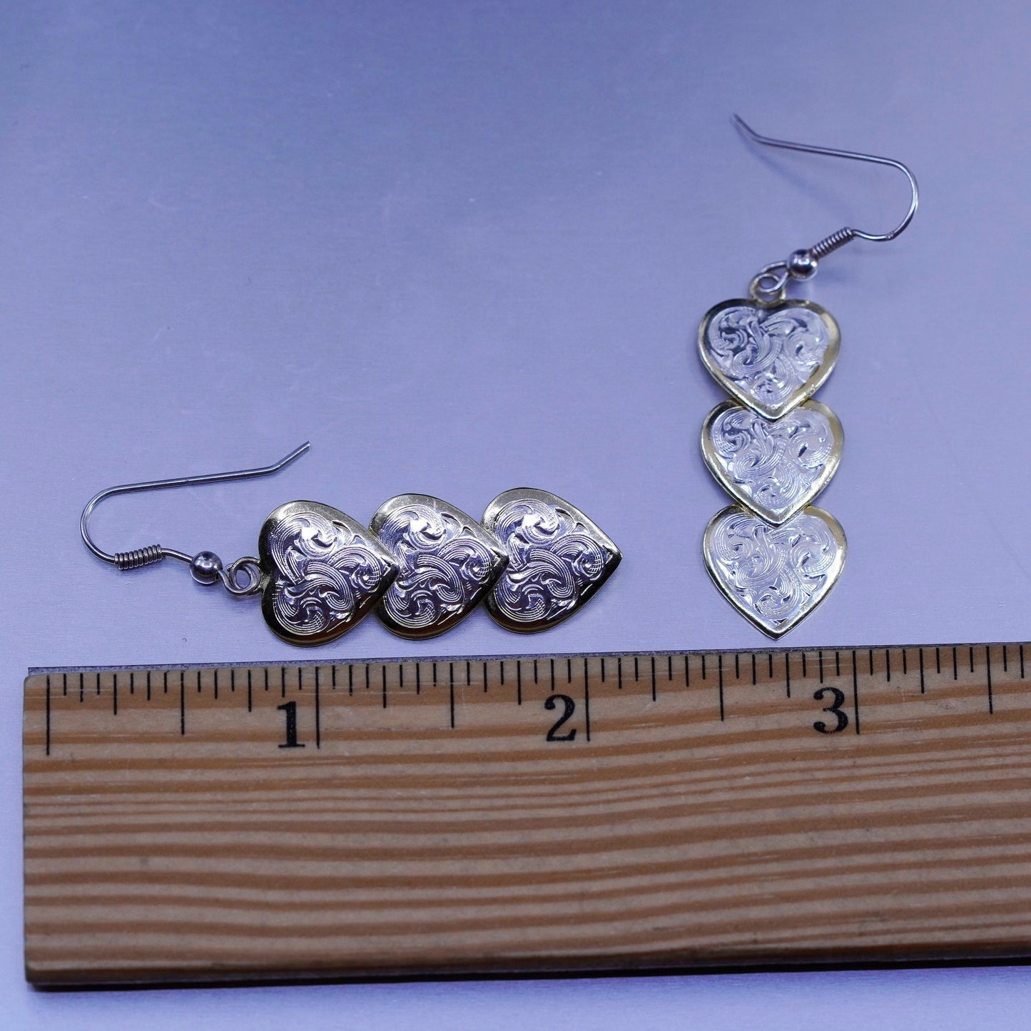Vintage two tone Sterling 925 silver handmade earrings with textured hearts