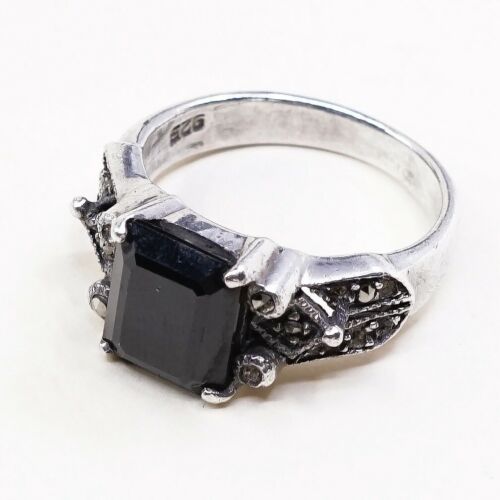 Sz 10.25, Vtg Sterling Silver handmade Ring, 925 Silver W/ Obsidian n marcasite