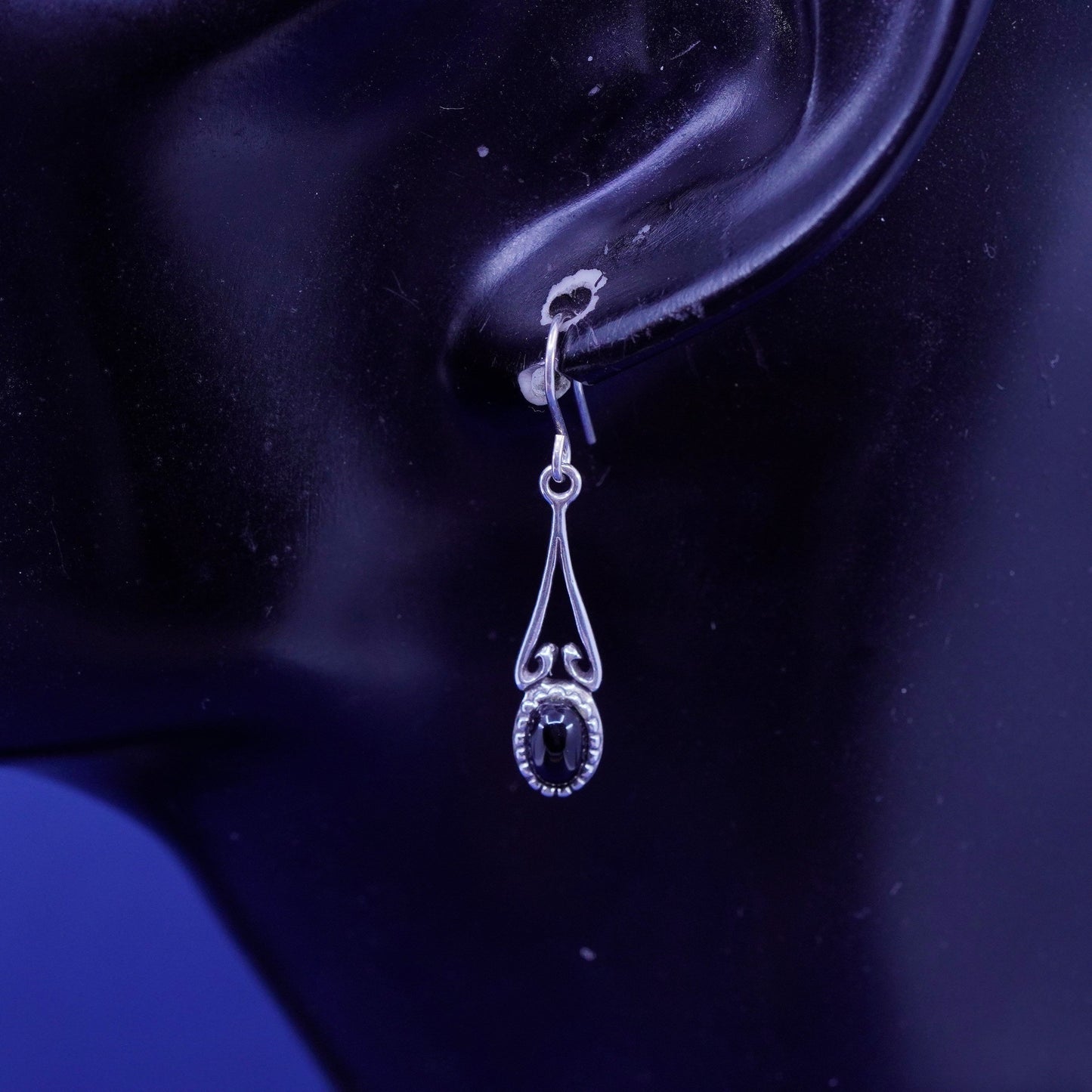 Vintage Israel sterling 925 silver handmade earrings with oval obsidian