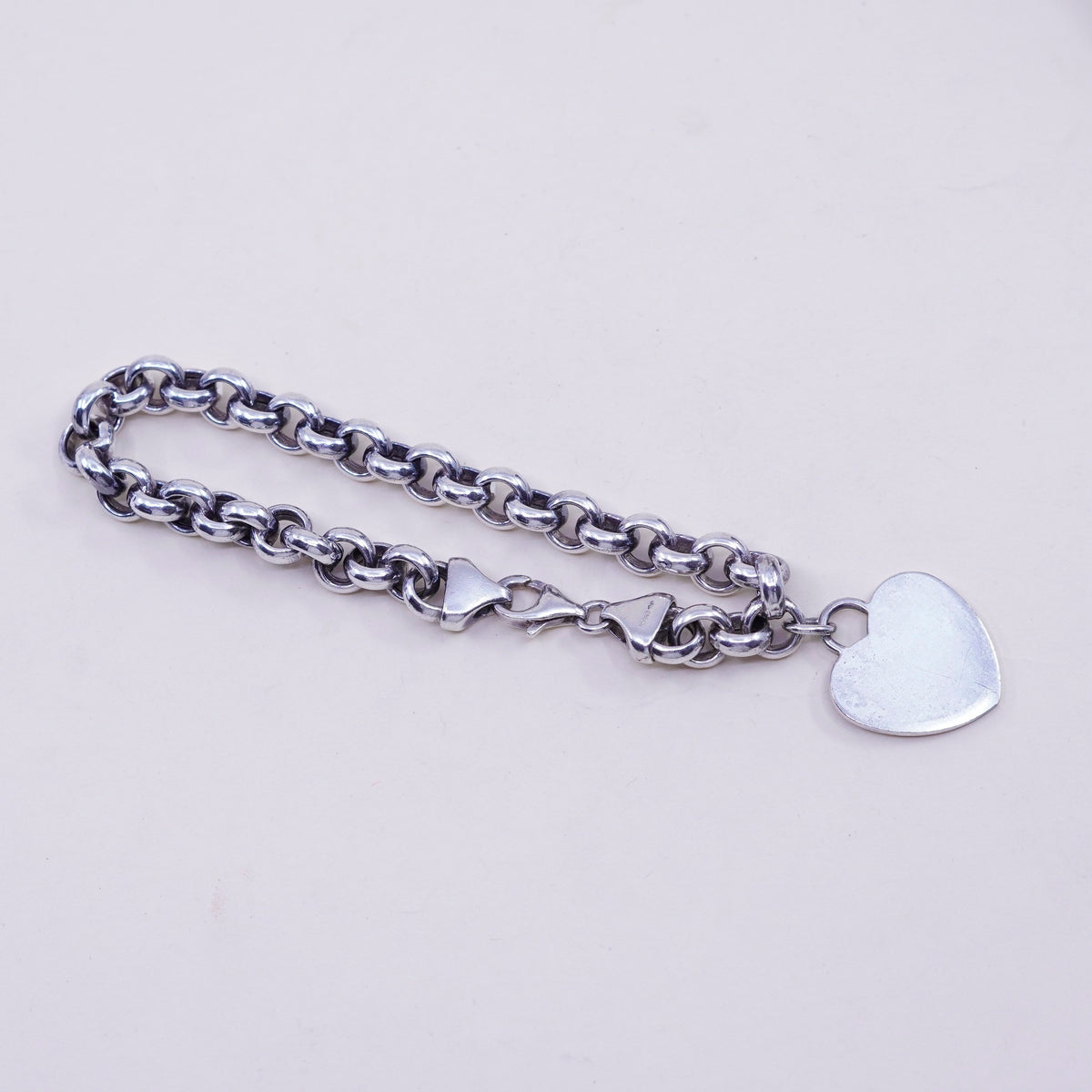 7”, 8mm, sterling silver circle bracelet, 925 chain heart charm toggle closure