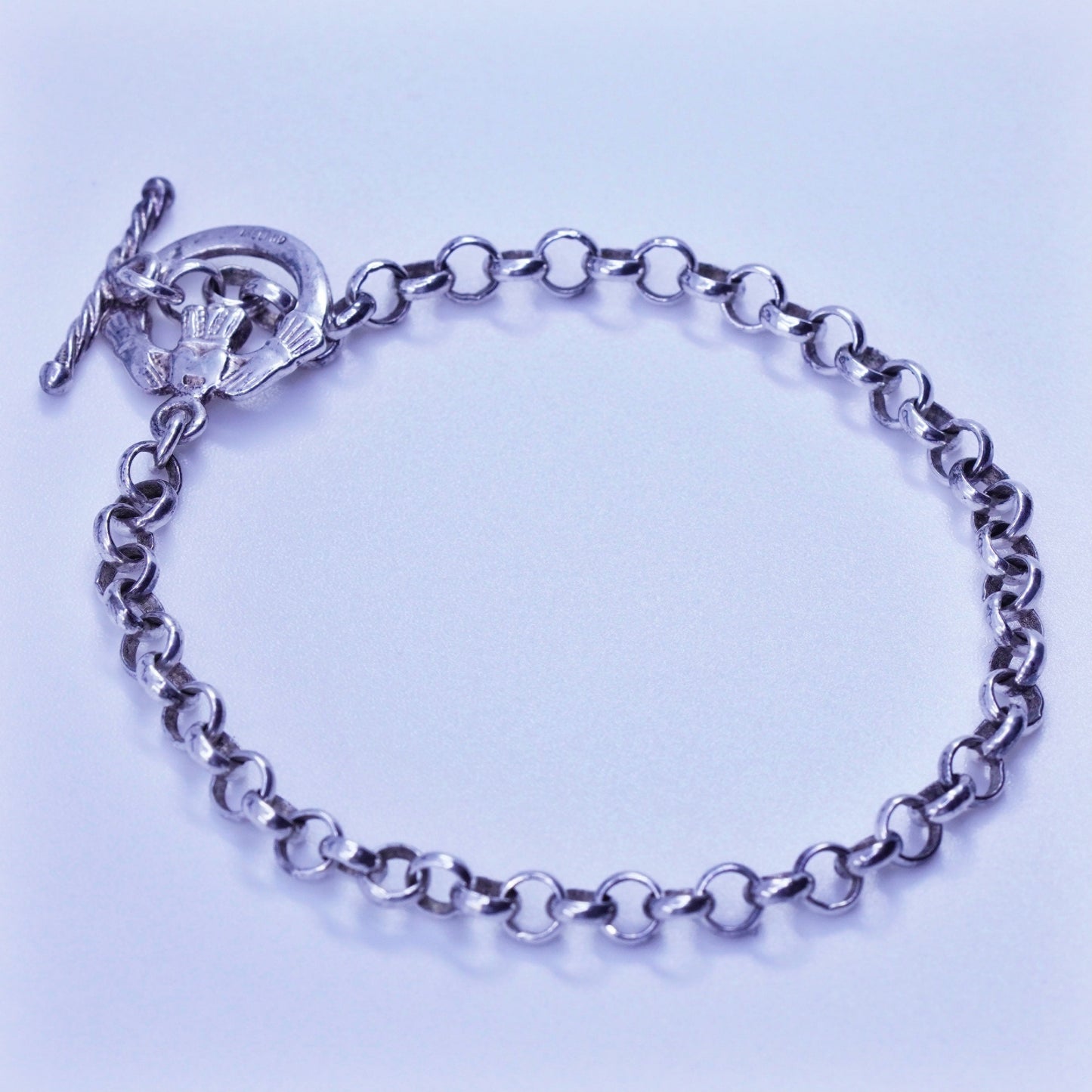 7”, Viking Sterling silver bracelet 925 bold circle chain claddagh heart closure