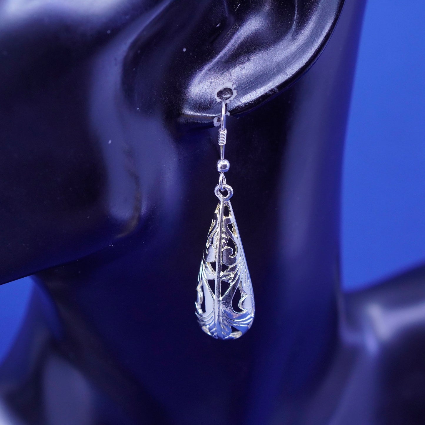 Vintage sterling silver handmade earrings, 925 filigree teardrop drop