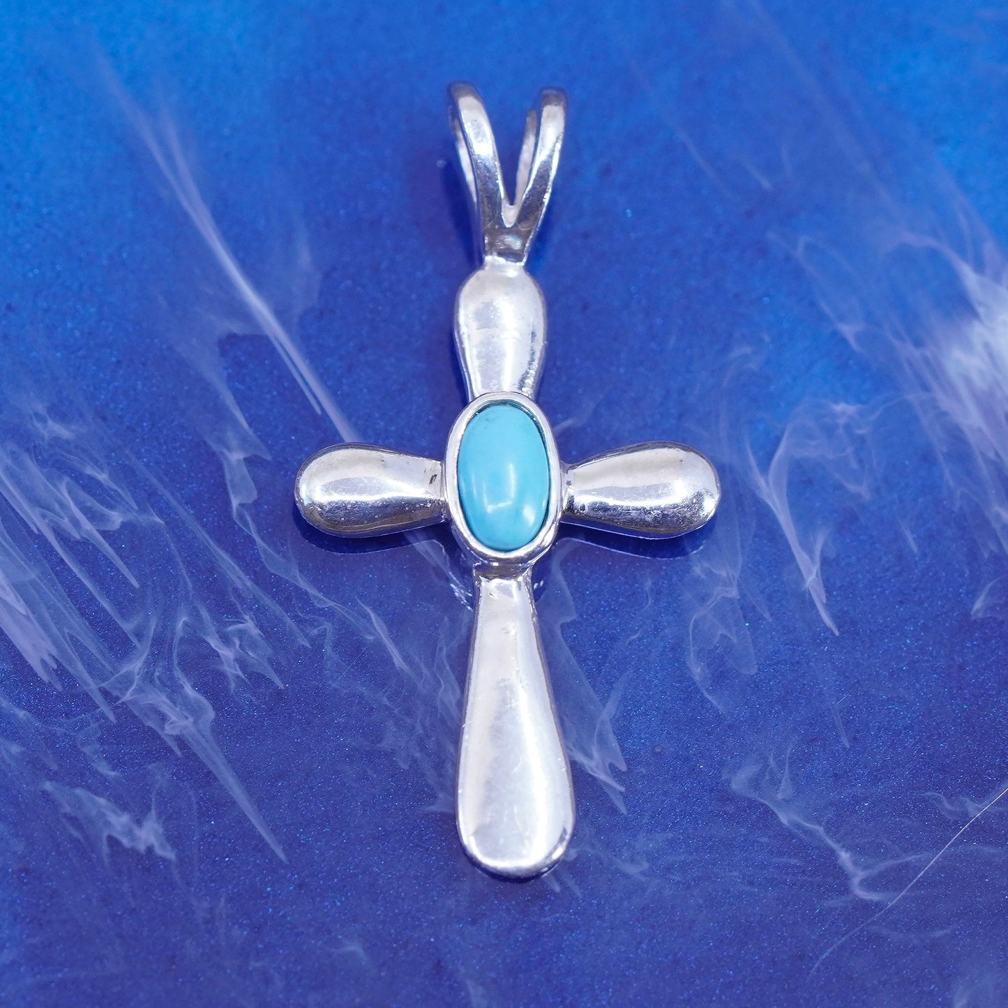 Vintage Sterling 925 silver handmade cross pendant with turquoise
