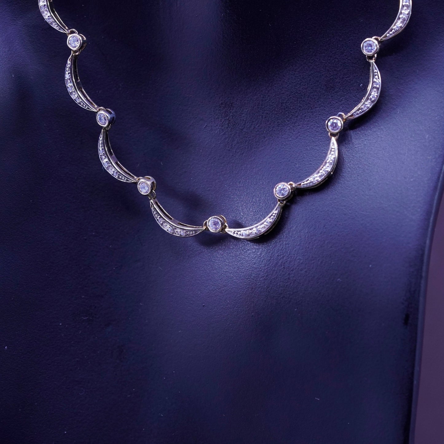 18”, vermeil gold filled sterling 925 silver tennis necklace, moon chain w/ cz