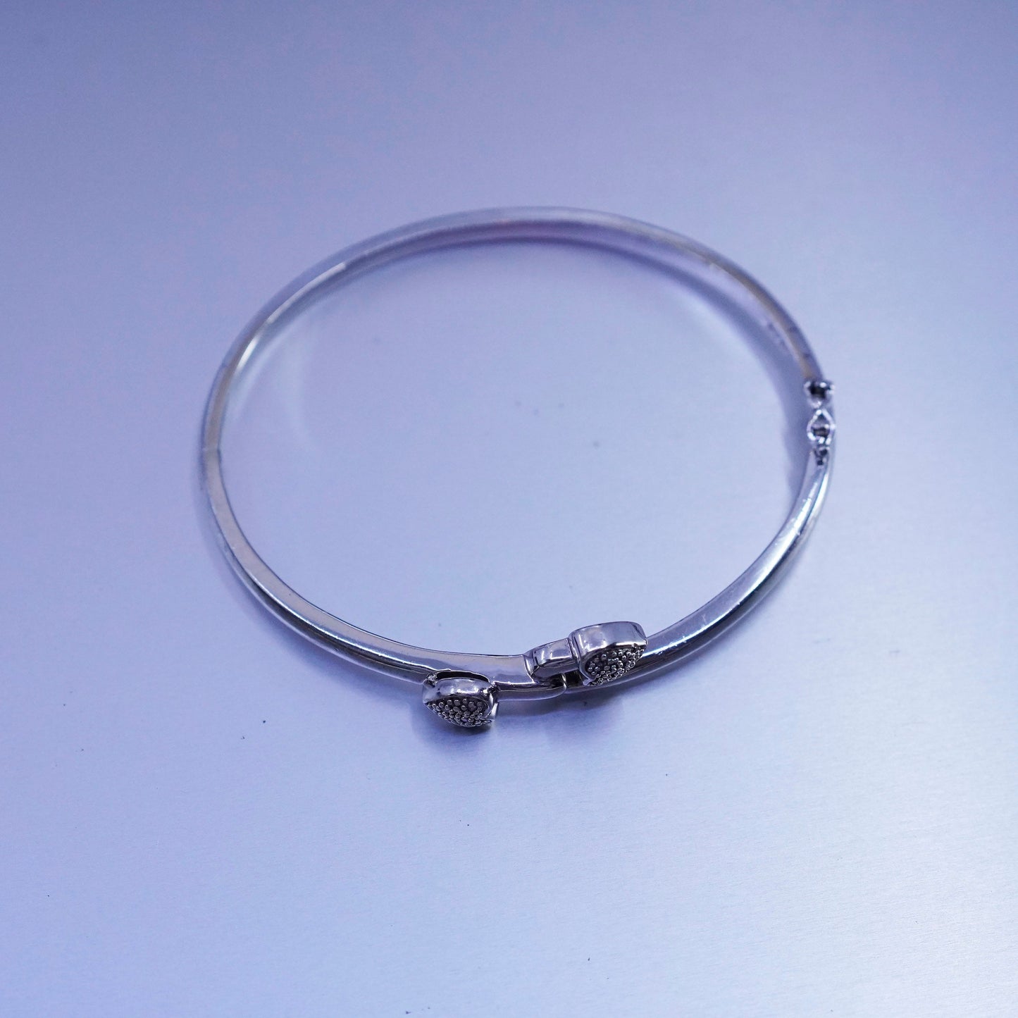 7”, Vintage Sterling 925 silver handmade bracelet, hinged bangle diamond heart