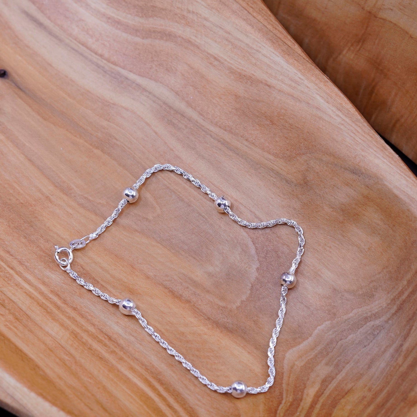 9”, 2mm, vintage Sterling silver rope bracelet, Italy 925 chain with beads