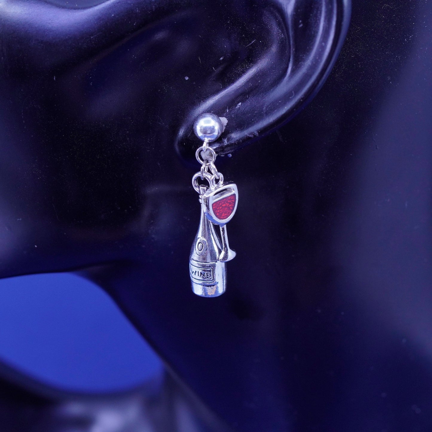 Vintage sterling 925 silver handmade wine bottle glass earrings with enamel