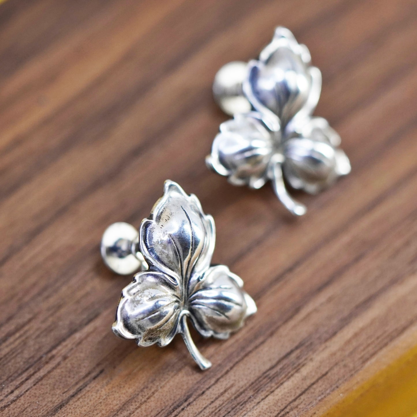 Vintage Jewel Sterling silver handmade screw back earrings, 925 leaf
