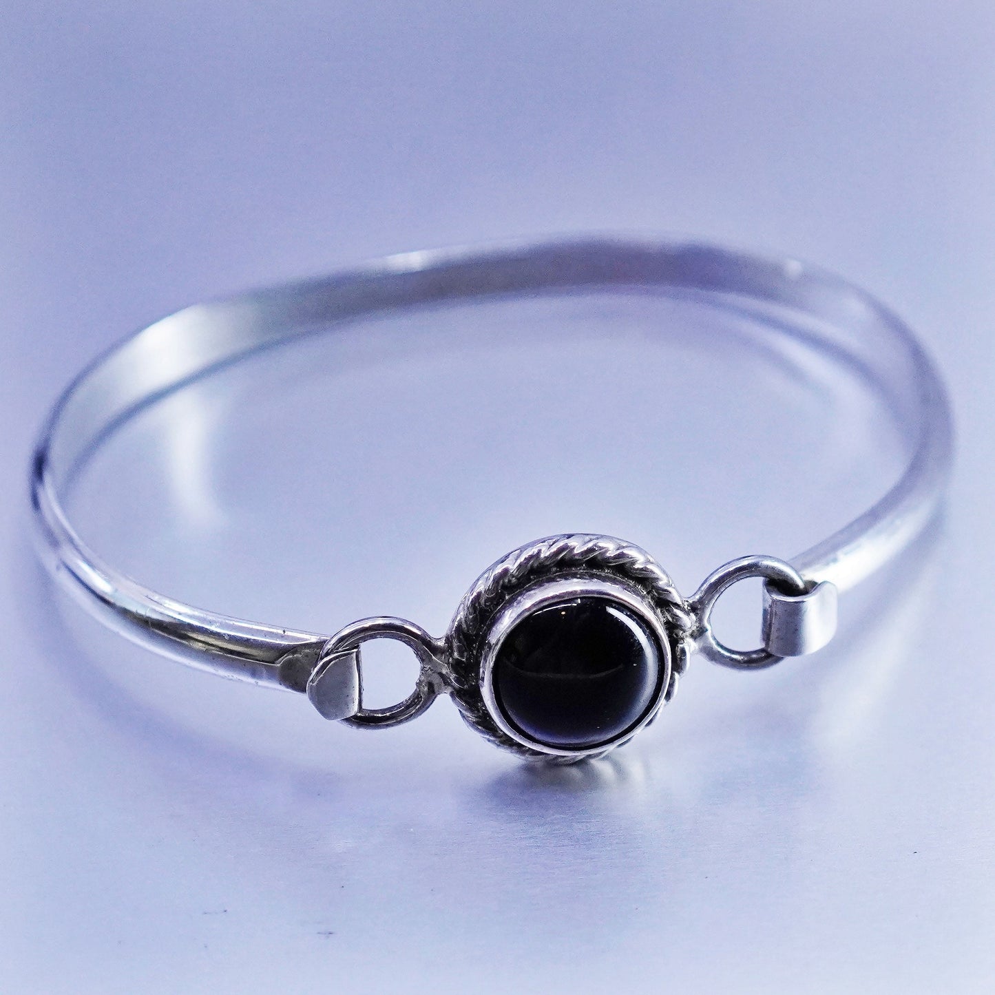 6.75”, Mexico Sterling 925 silver handmade bracelet, hinged bangle onyx beads