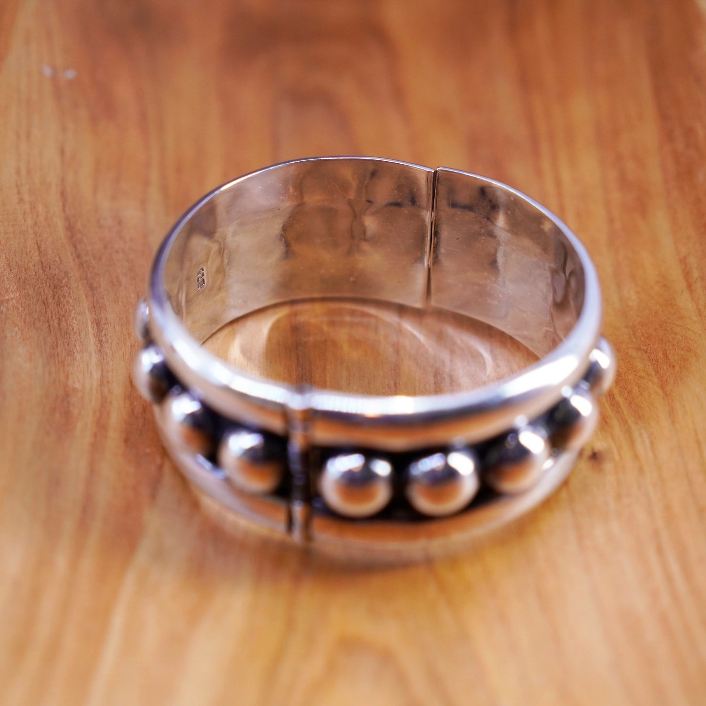 7”, antique sterling silver handmade bracelet, wide 925 hinged bangle w/ beads