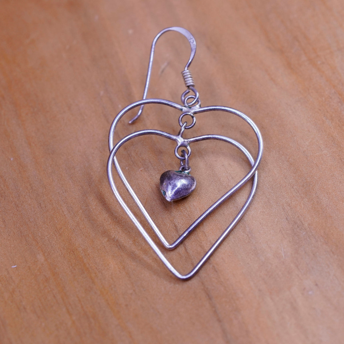 Vintage Sterling silver handmade earrings, 925 double heart