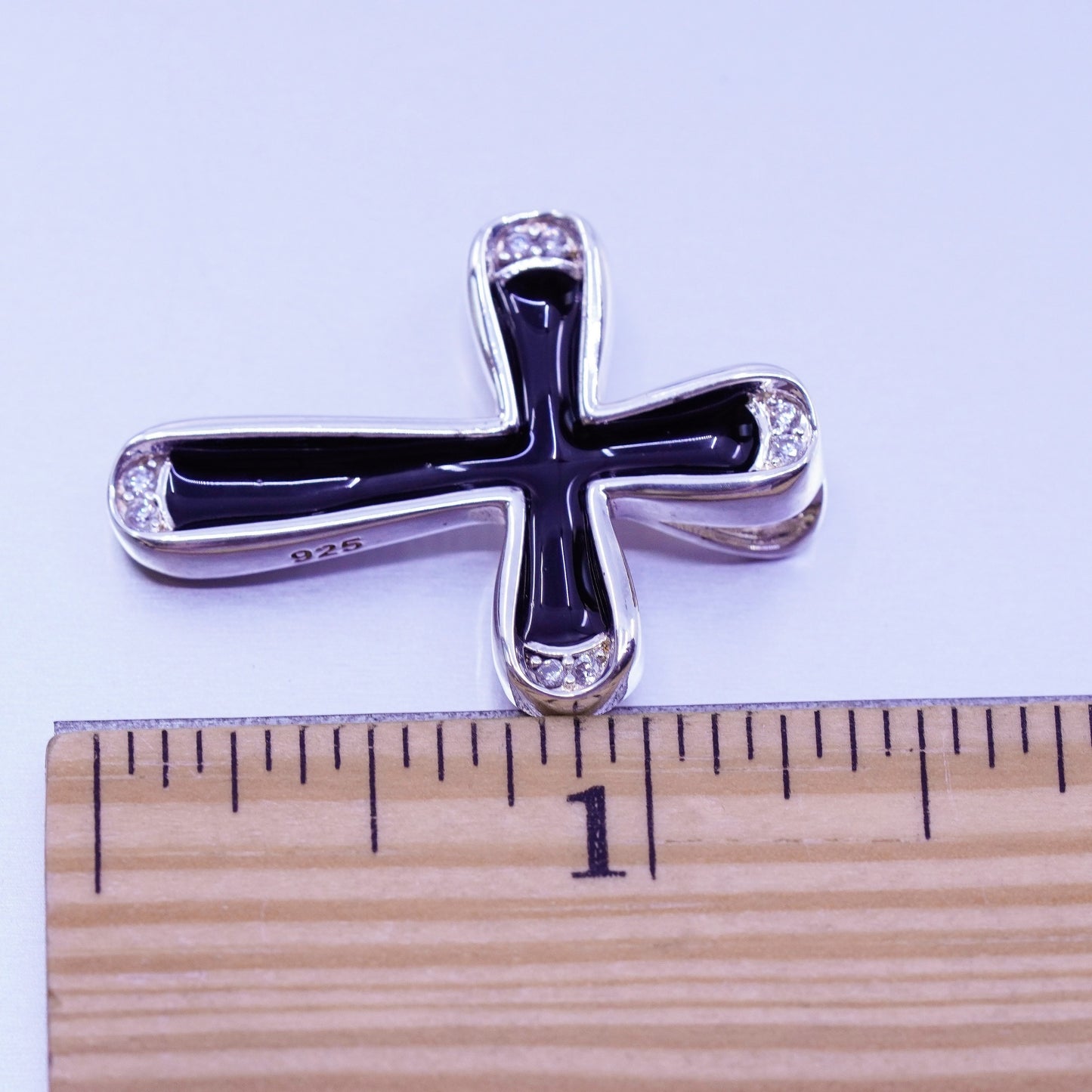 antique sterling 925 silver enamel cross pendant with Cz