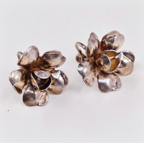Vtg Gold Over Sterling 925 Silver Handmade Screw Back Earrings Rose Flower