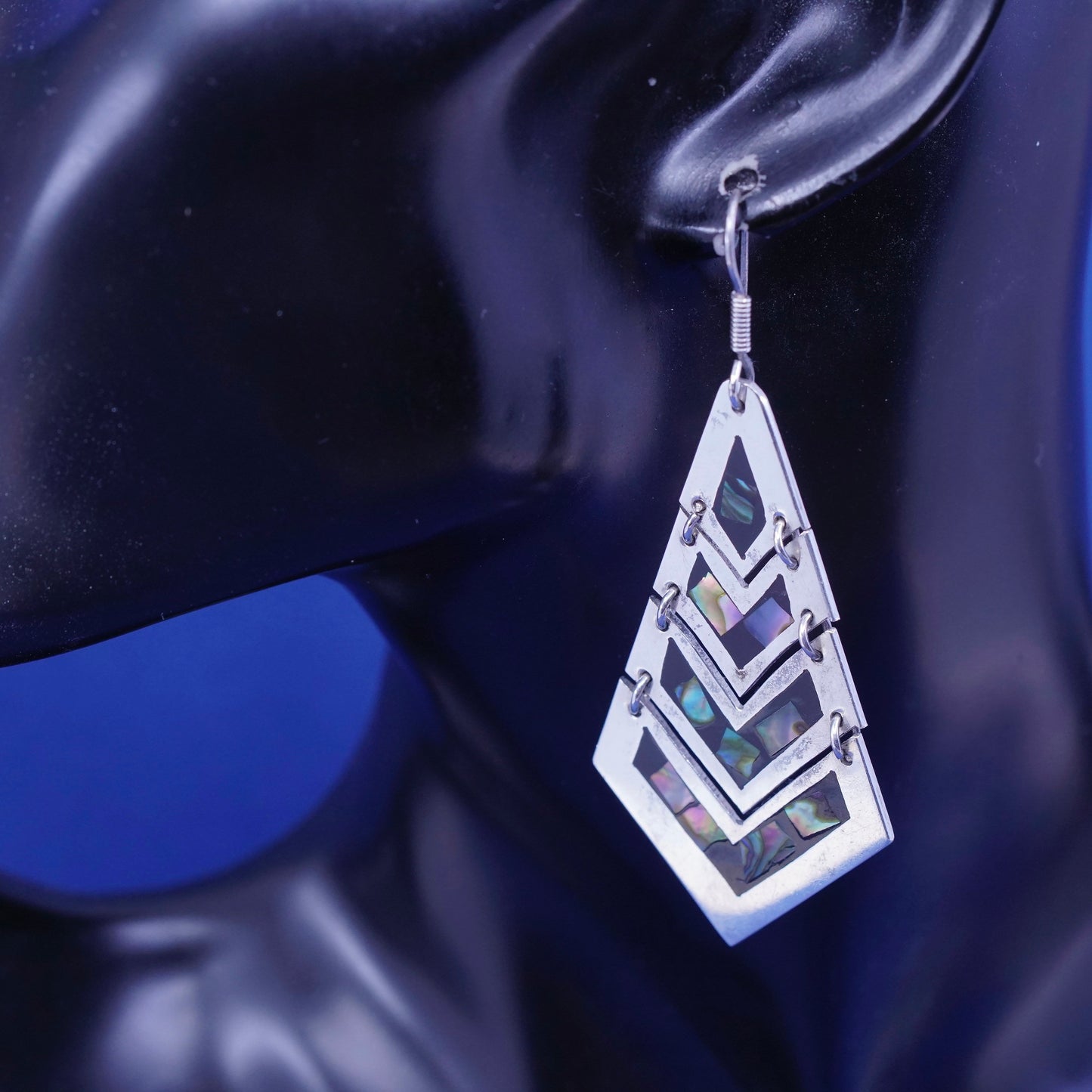 Vintage mexico Sterling 925 silver handmade teardrop earrings enamel abalone