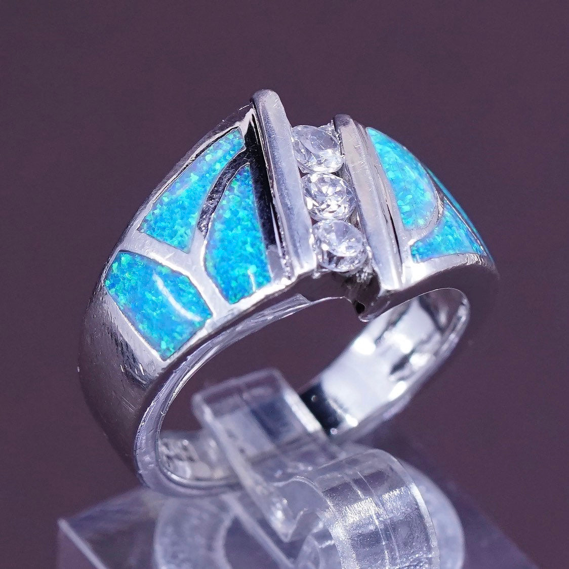 sz 6.5, vtg AK Sterling silver handmade ring, 925 band w/ fire opal and Cz