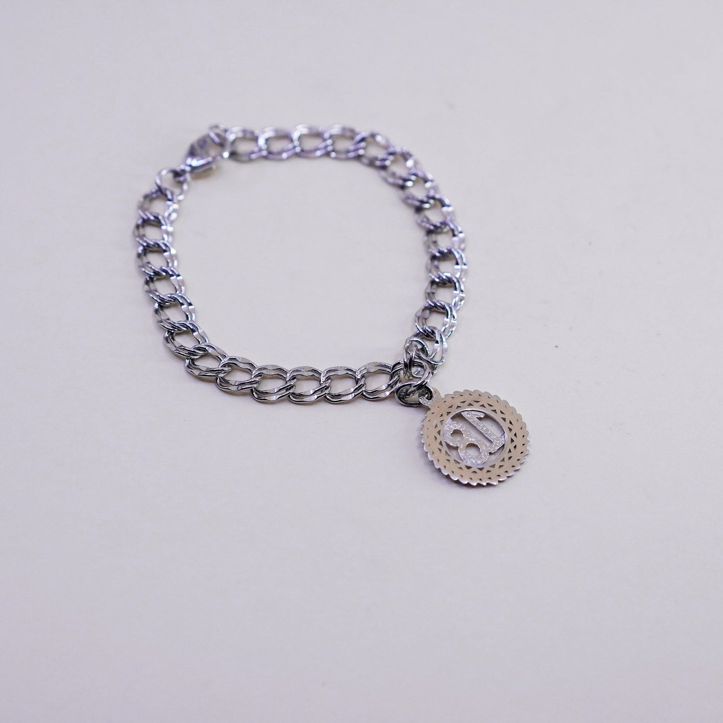6.75”, 8mm, Vintage sterling silver double curb bracelet, 925 chain w/ 18 charm
