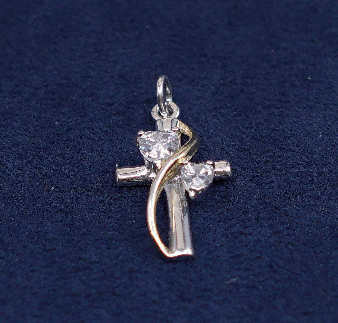 Two tone Sterling silver prayer pendant, 925 cross w/ heart cz "faith Hope love