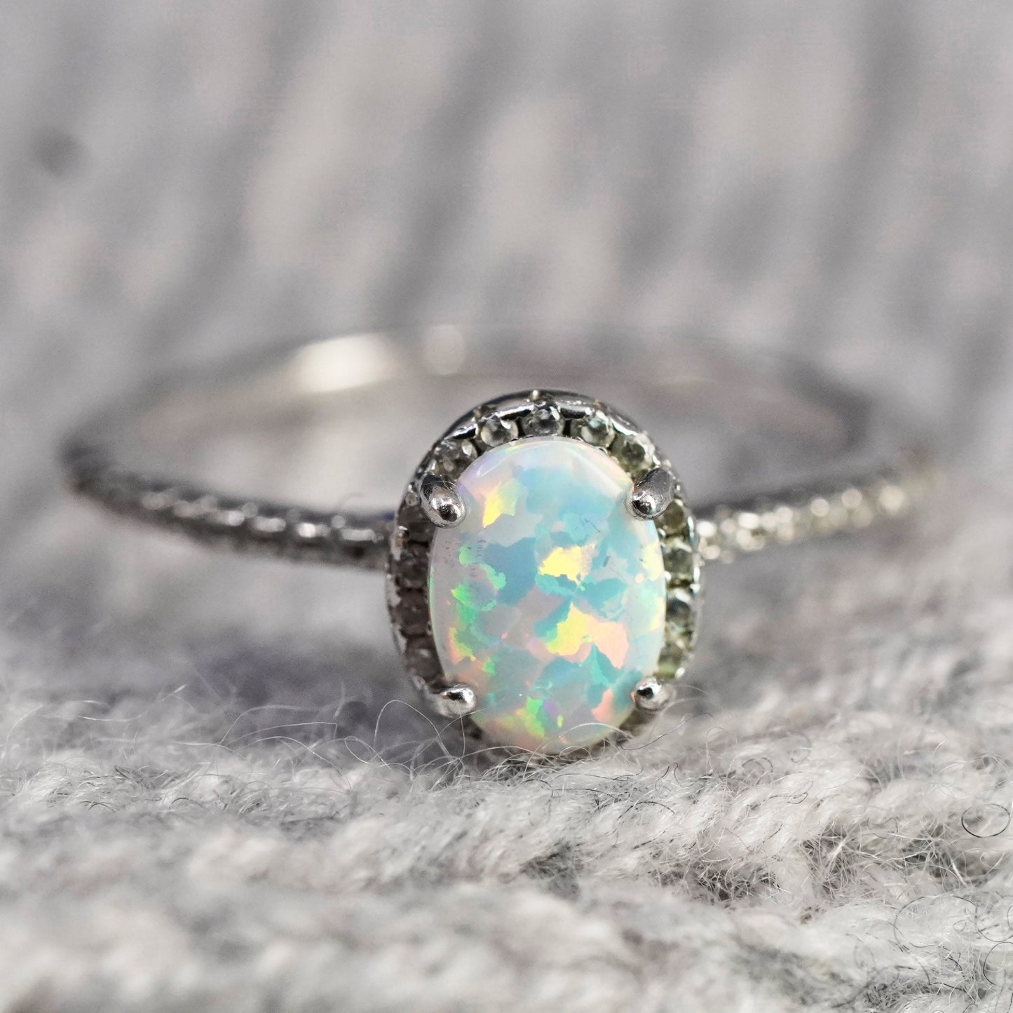 Size 7.25, vintage sterling 925 silver handmade ring with fire opal and cz
