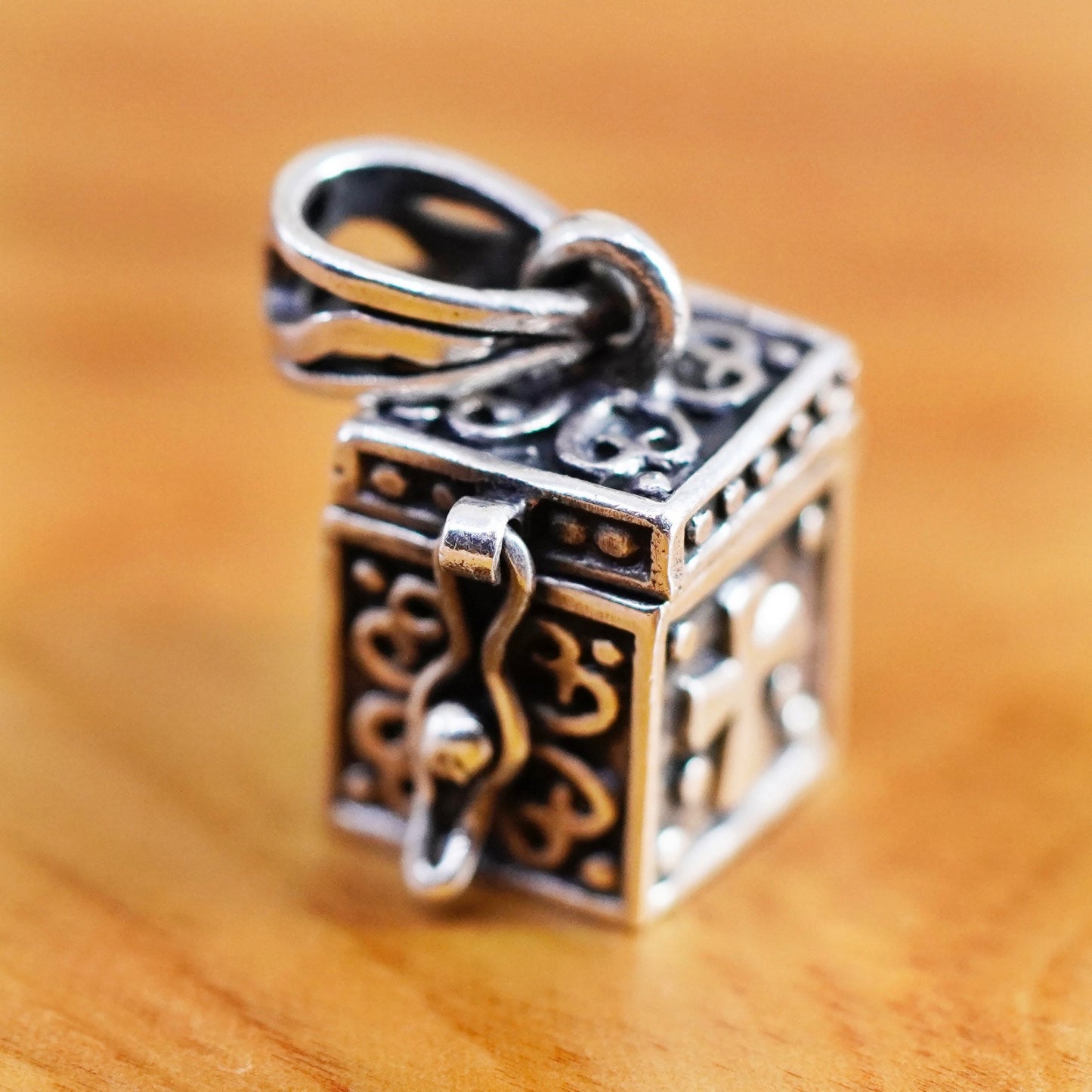 Vintage Sterling silver prayer box pendant, 925 handmade locket charm