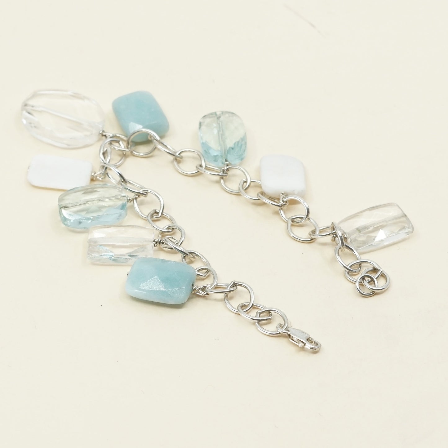 7", Sterling 925 Silver Circle Chain w/ jade and crystal charms, bracelet jade