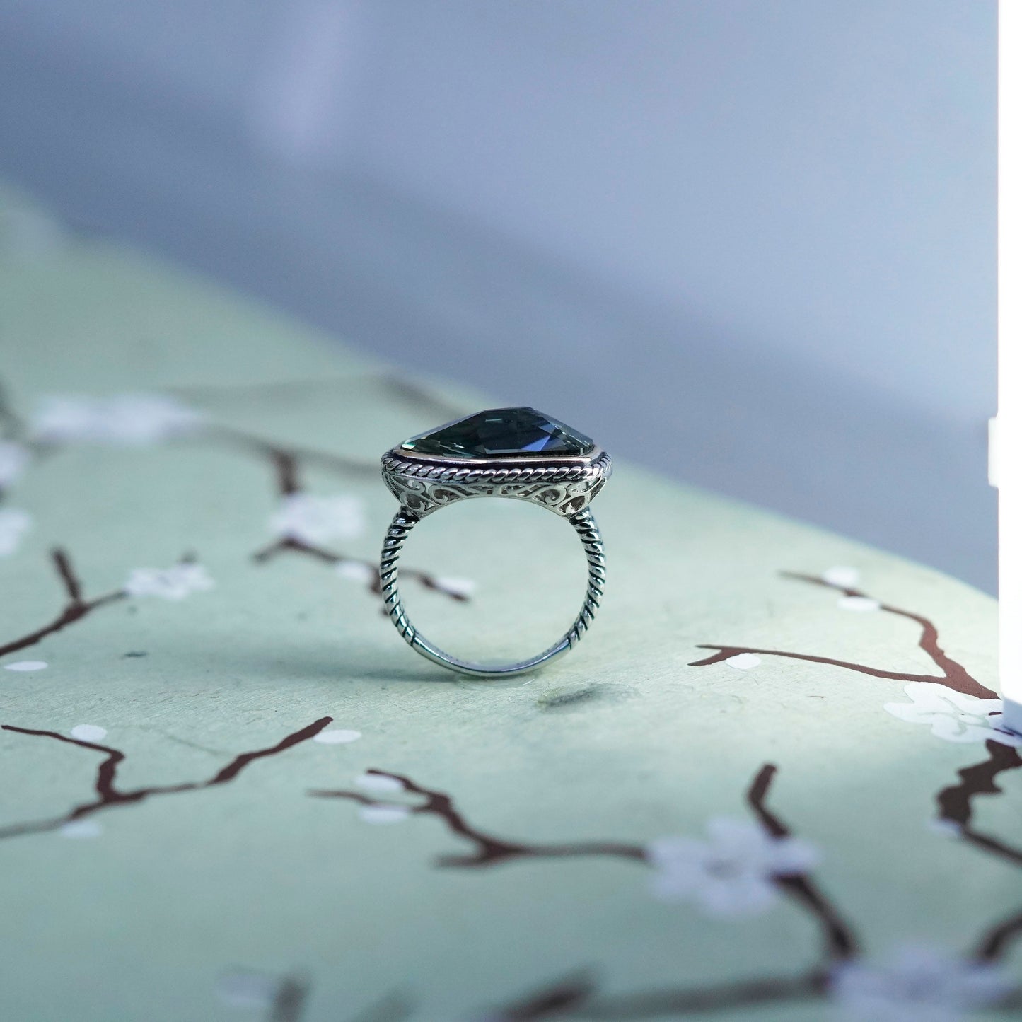 Size 7.25, Sterling 925 silver ring with Swarovski crystal with 14K gold trim