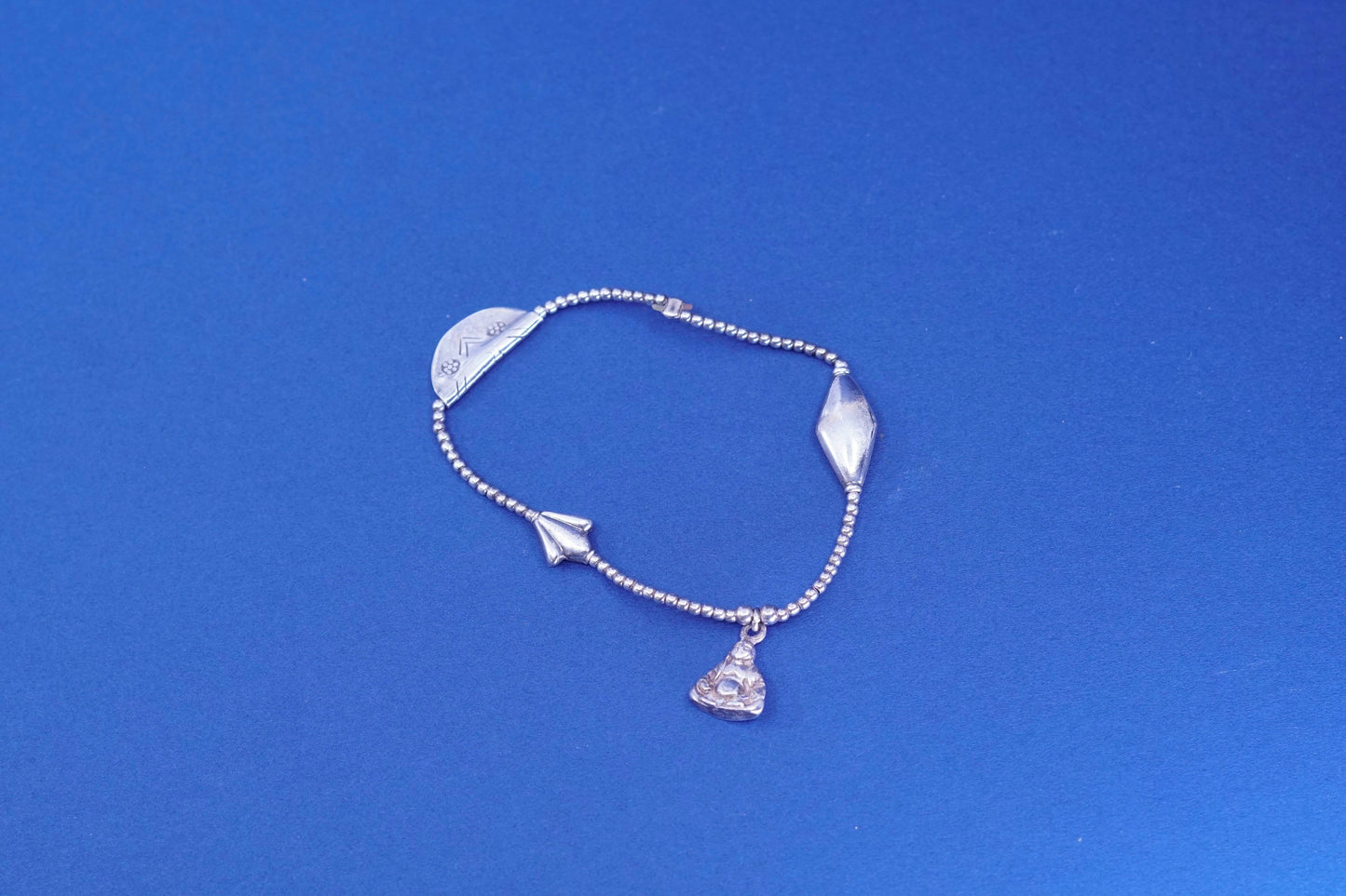 7”, vtg Sterling Silver Handmade Bracelet, 925 beads chain with Buddha charm