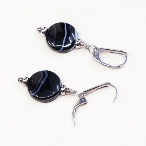 Vtg Sterling Silver handmade Earrings, 925 Silver W/ Black Agate Inlay