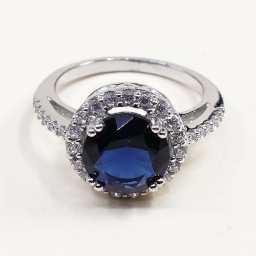 Sz 7.5, Sterling Silver Ring, 925 Silver Engagement Ring W/ Round blue Sapphire