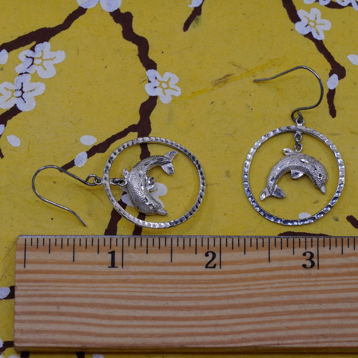 Vintage Sterling silver handmade earrings, 925 circle with dolphin dangle