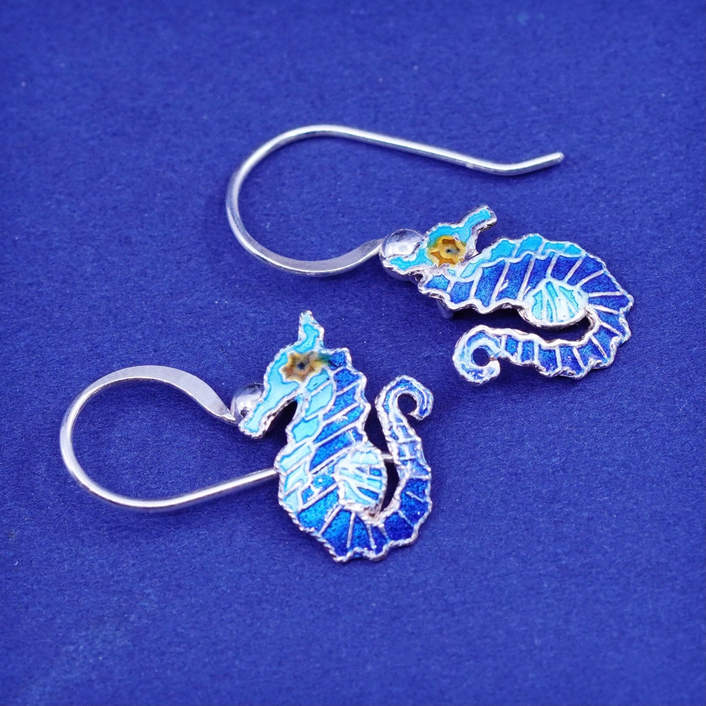 Vintage Sterling 925 silver handmade earrings, blue enamel seahorse