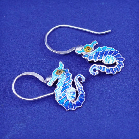 Vintage Sterling 925 silver handmade earrings, blue enamel seahorse