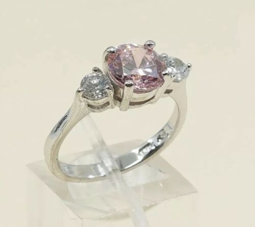 Sz 7.25, Gold Over Sterling Ring, 925 Silver Engagement Ring W/ Pink Crystal