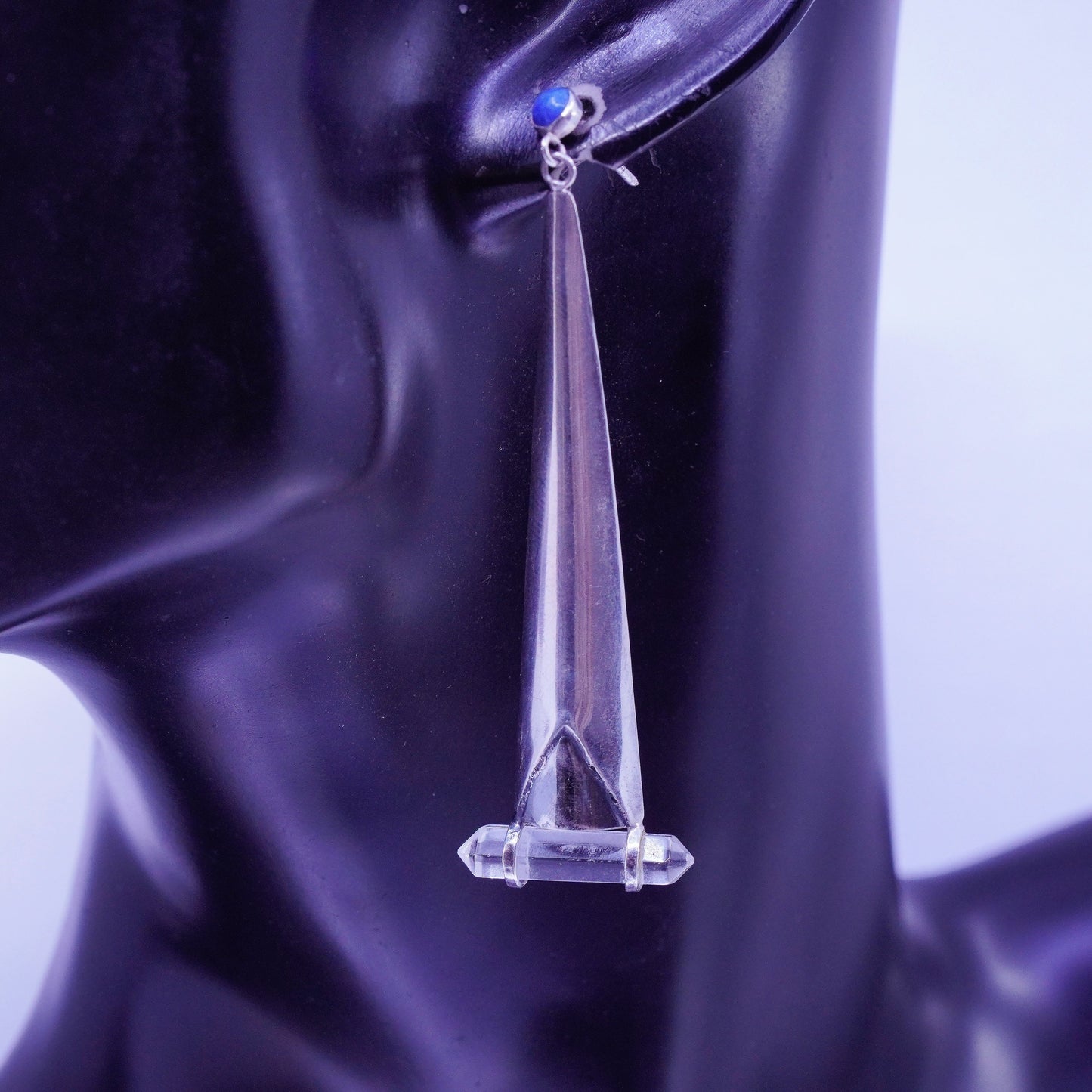 Vintage Sterling 925 silver long teardrop earrings healing crystal lapis lazuli