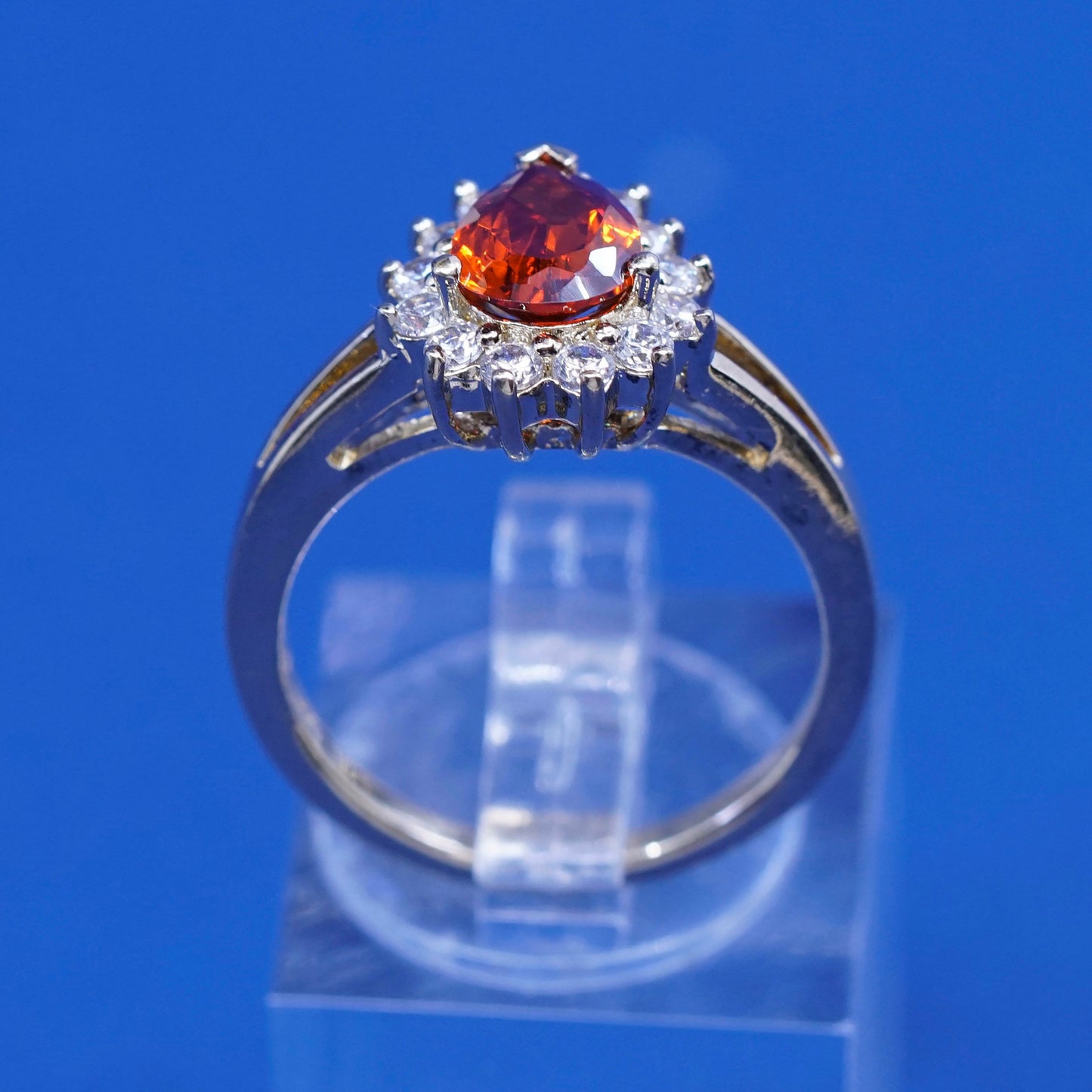 Size 7, vtg vermeil gold over sterling 925 silver ring w/ teardrop ruby N Cz