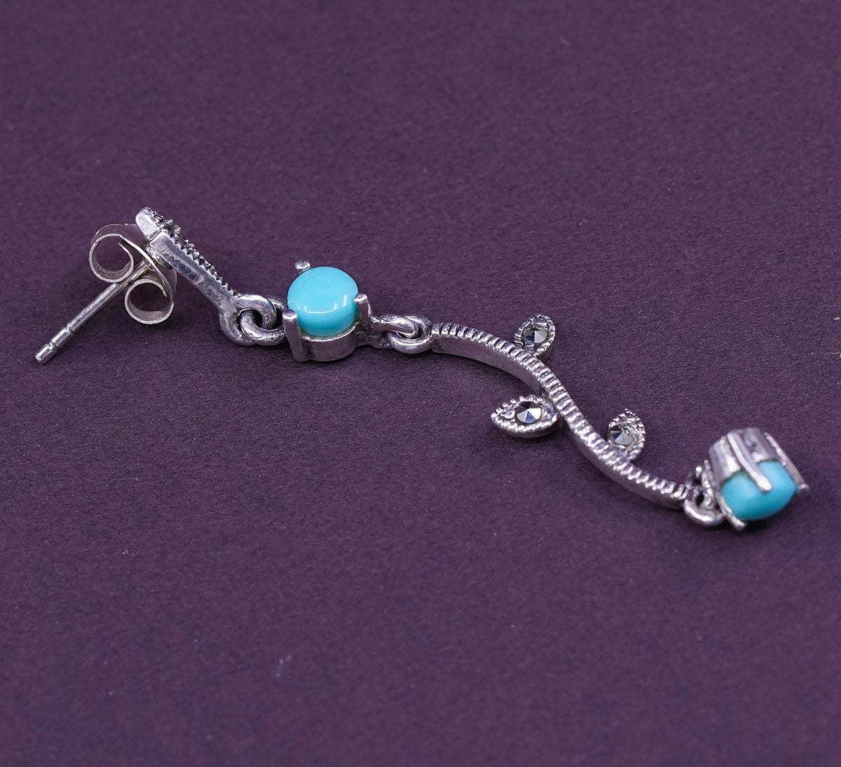 vtg Sterling silver handmade earrings, 925 wavy w/ turquoise, and marcasite