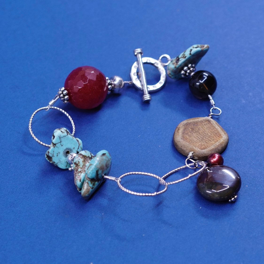 6.5”, vtg sterling silver handmade bracelet, 925 w/ turquoise N carnelian beads
