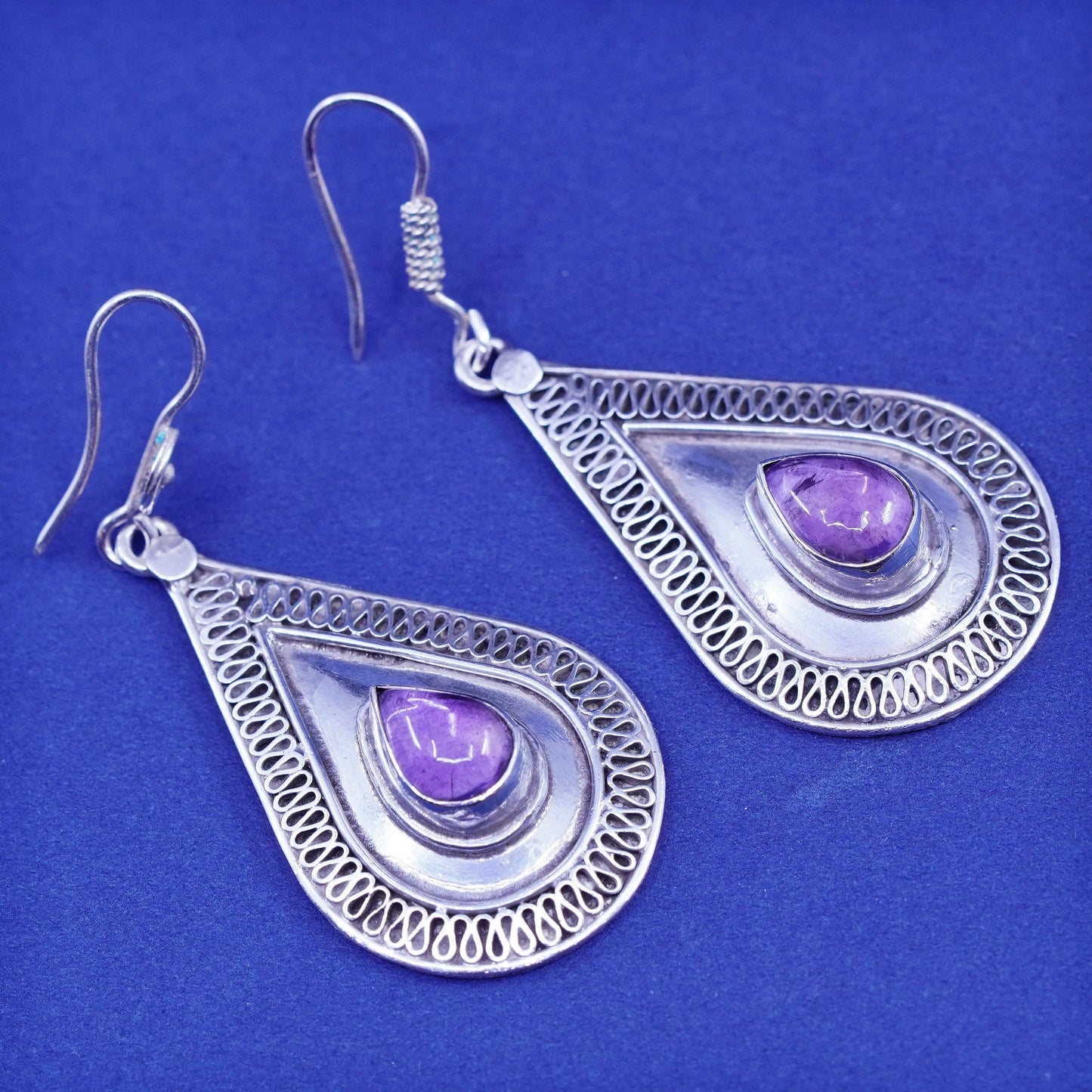 Vintage sterling 925 silver handmade earrings with teardrop amethyst