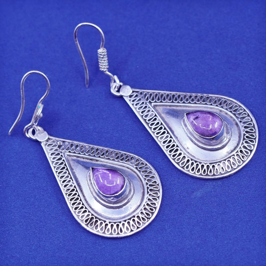 Vintage sterling 925 silver handmade earrings with teardrop amethyst