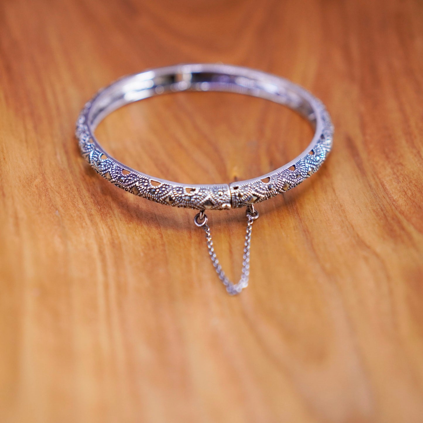 7”, antique sterling silver handmade bracelet, 925 hinged bangle with Marcasite
