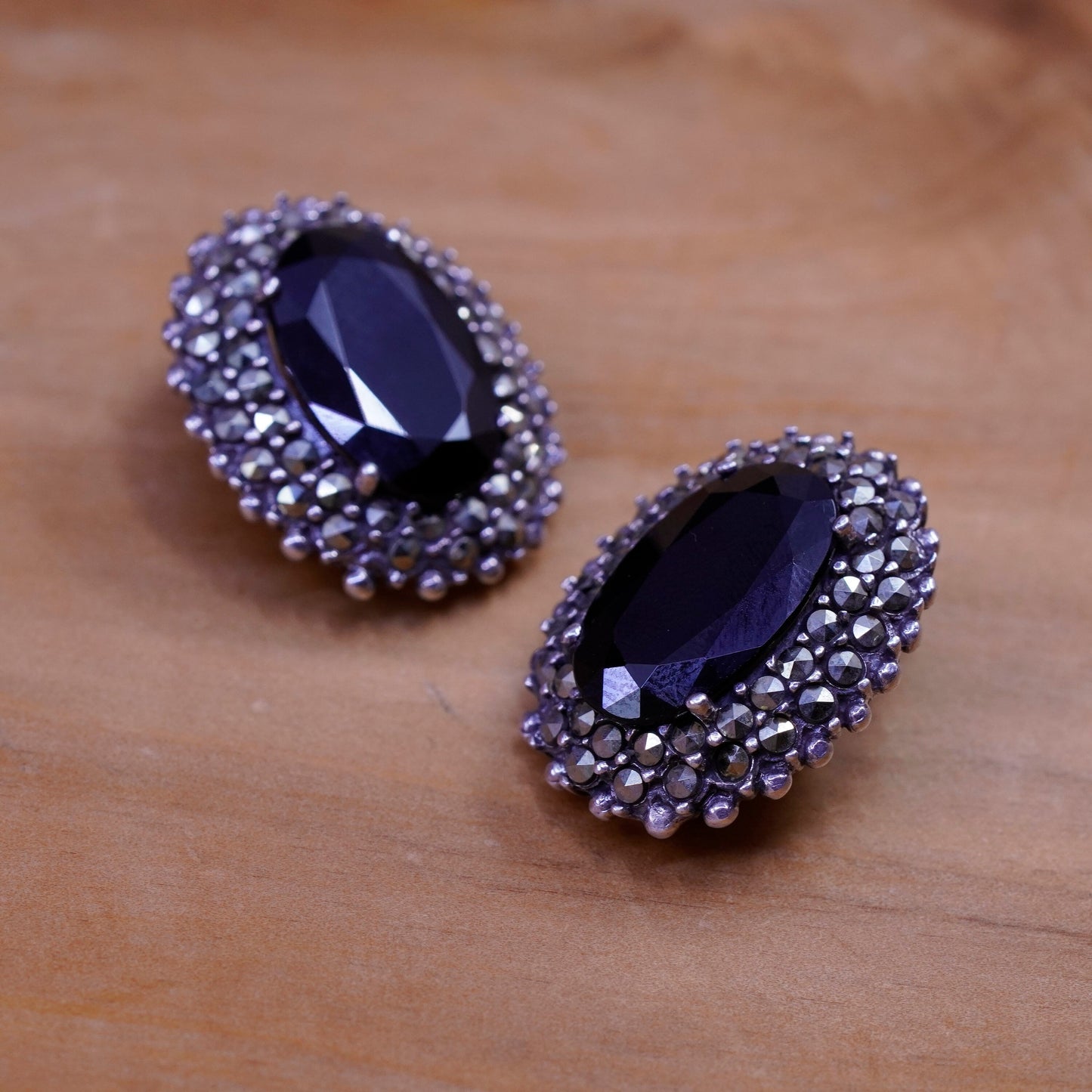 Mexico Sterling silver handmade earrings, 925 oval obsidian clip on marcasite