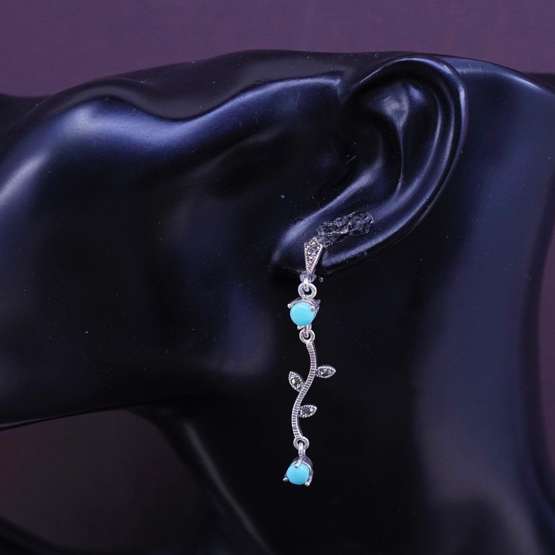 vtg Sterling silver handmade earrings, 925 wavy w/ turquoise, and marcasite