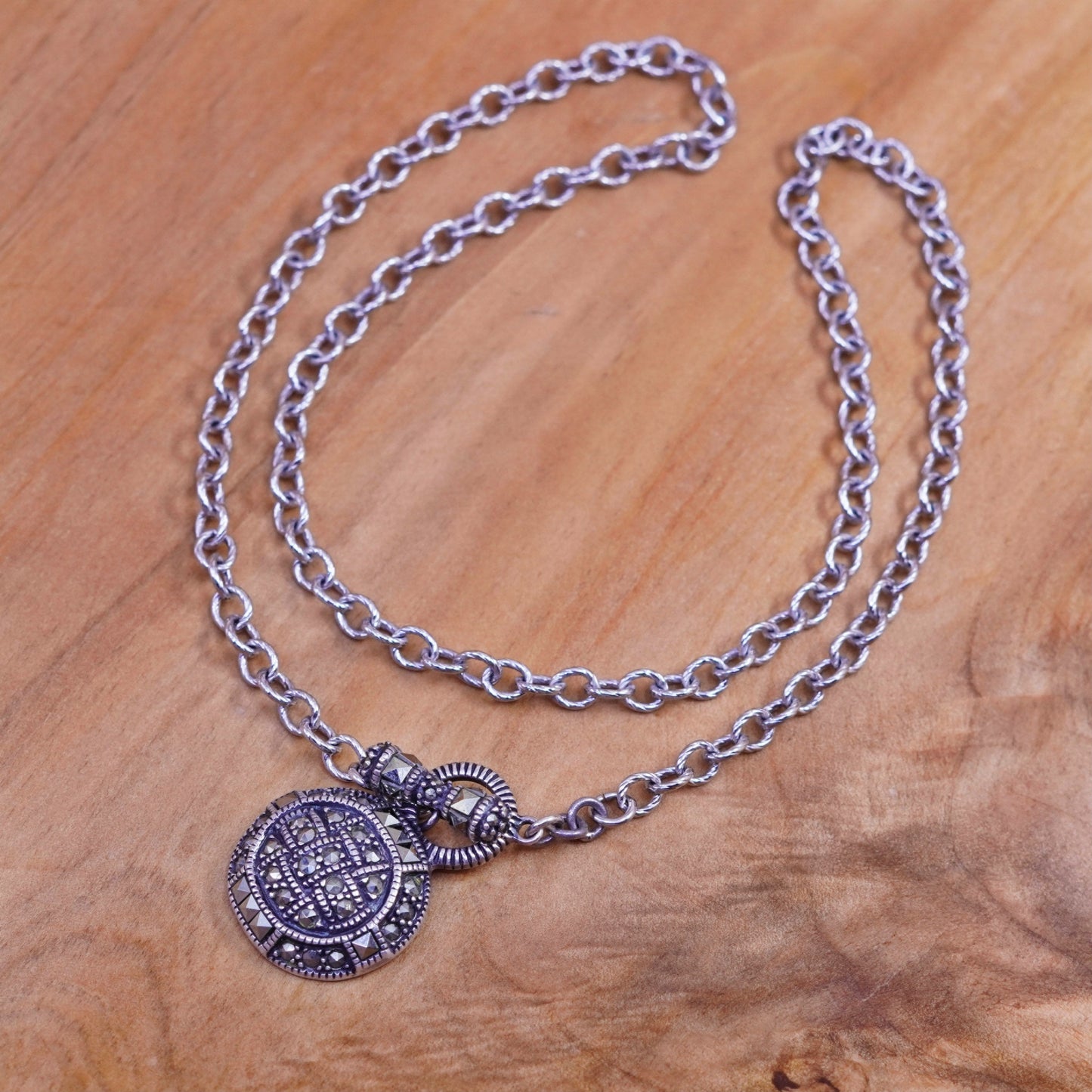 18”, Judith Jack Sterling silver necklace, 925 circle chain pendant marcasite