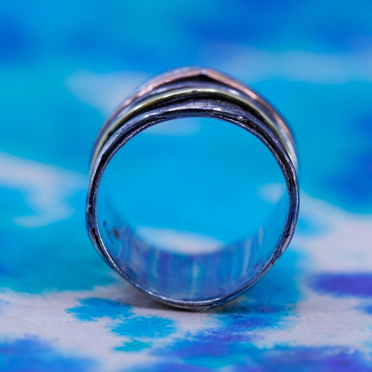 Size 8.75, vintage triple Tone sterling silver hammered band, 925 spinner ring