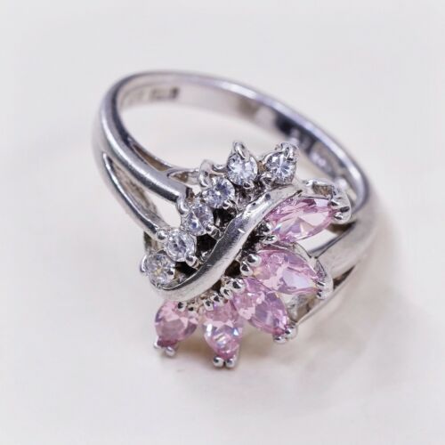 Sz 8.5, Vtg Sterling Silver Handmade Ring, 925 Silver Band W/ Cluster Pink Cz