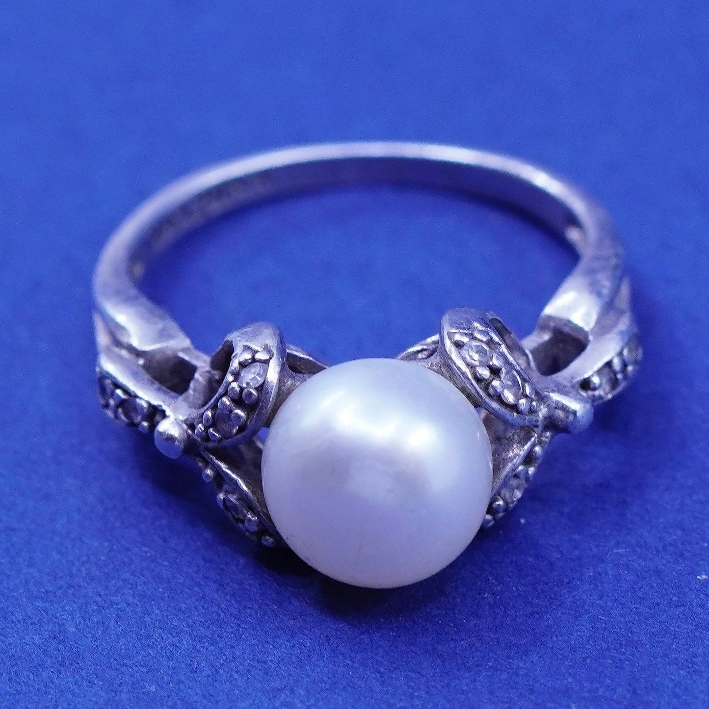 Size 6.5, sterling 925 silver handmade statement ring with pearl and diamond