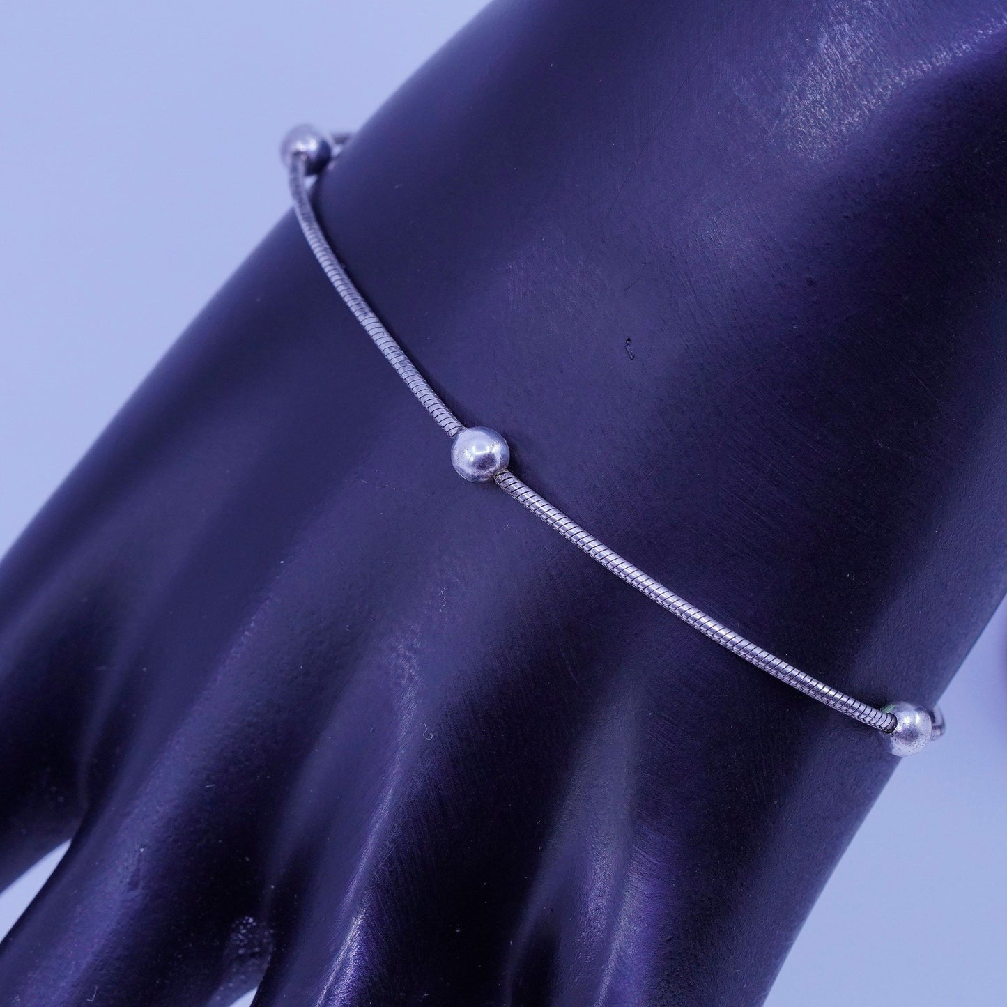 7.25”, 1mm, Sterling 925 silver handmade bracelet, snake chain with beads